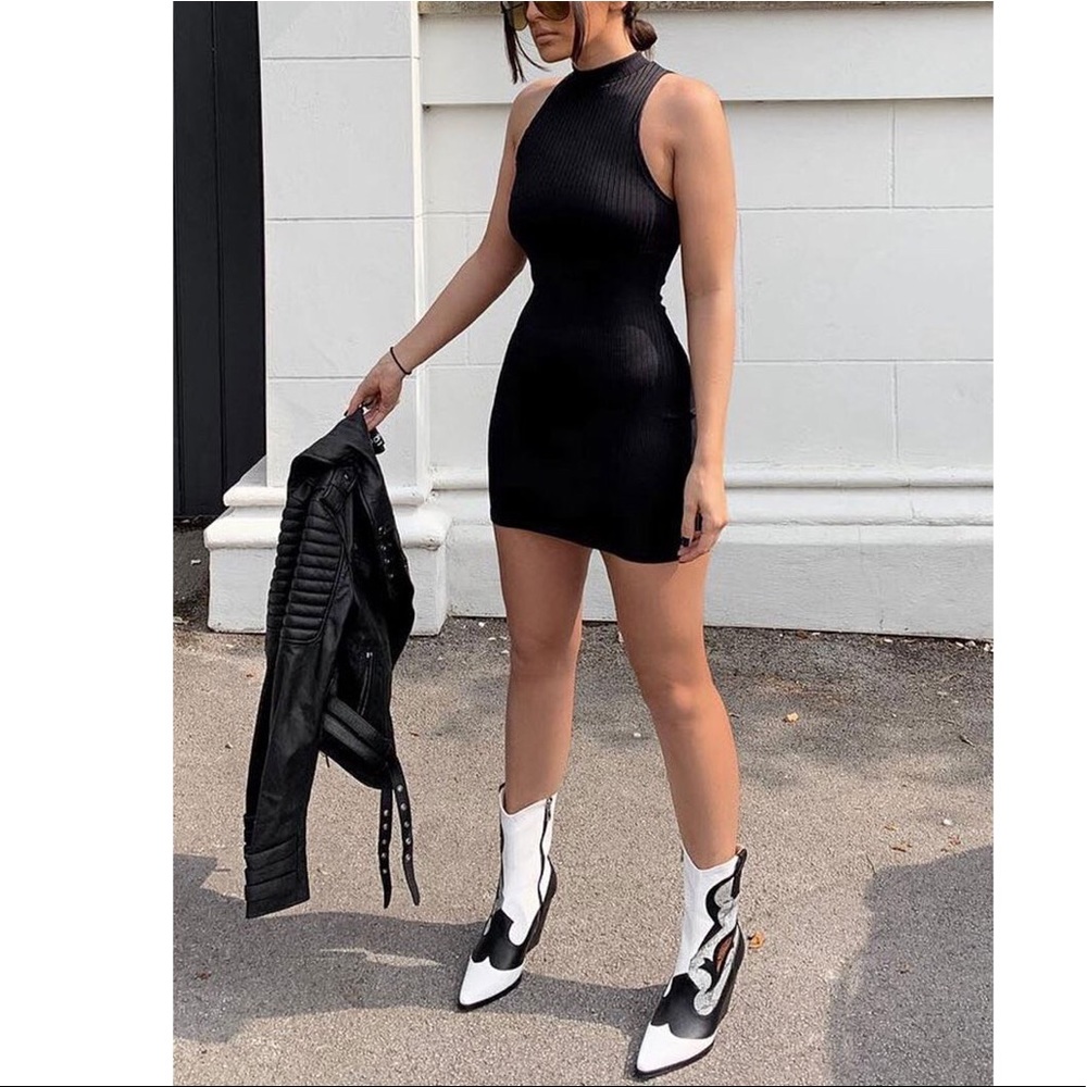 High neck black body-con mini dress